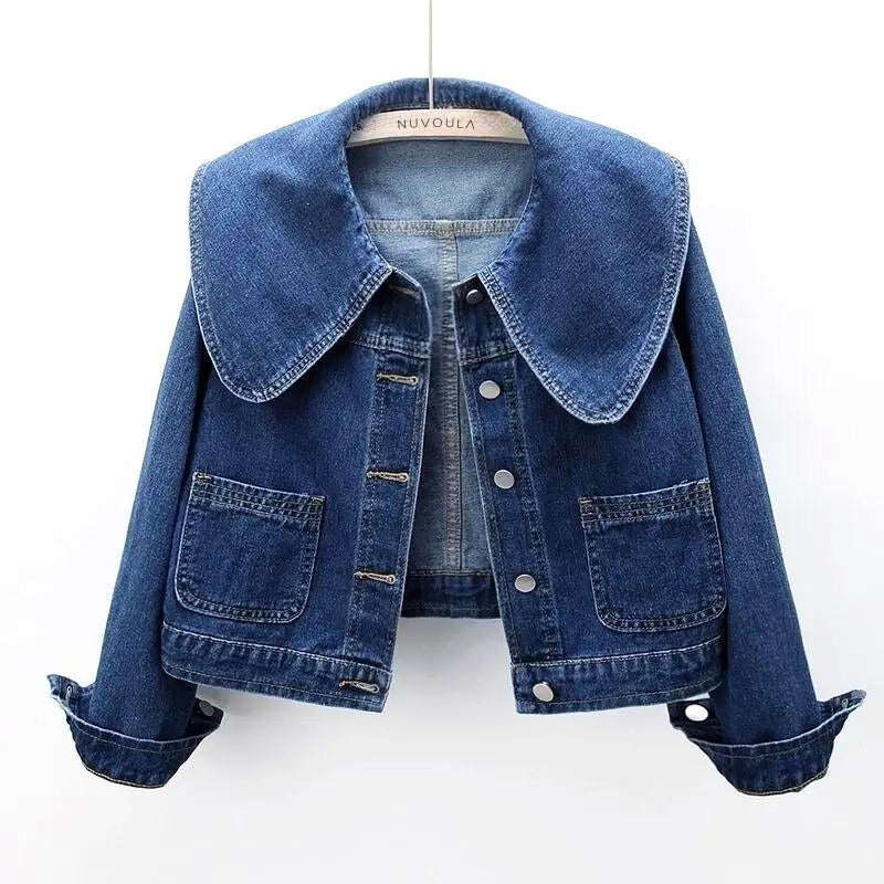 Blue checkered denim jacket oversized collar vintage retro silhouette bold layering piece