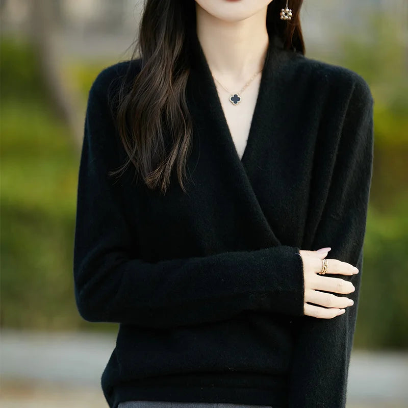 Women's merino wool wrap sweater, featherweight knit, crossover V-neck, minimalist luxe style