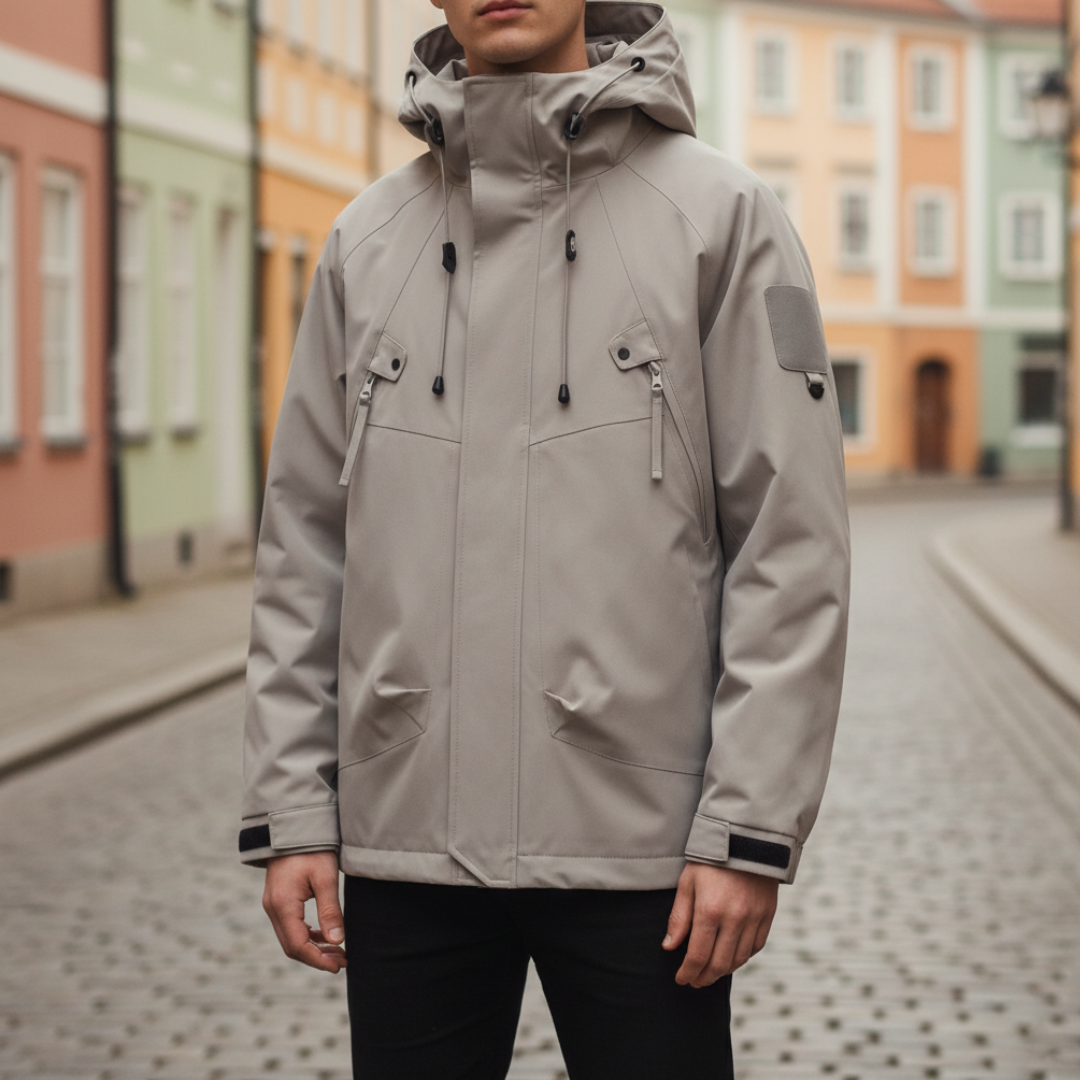 Men's waterproof technical parka windproof hooded outdoor jacket with multiple pockets sporty fit