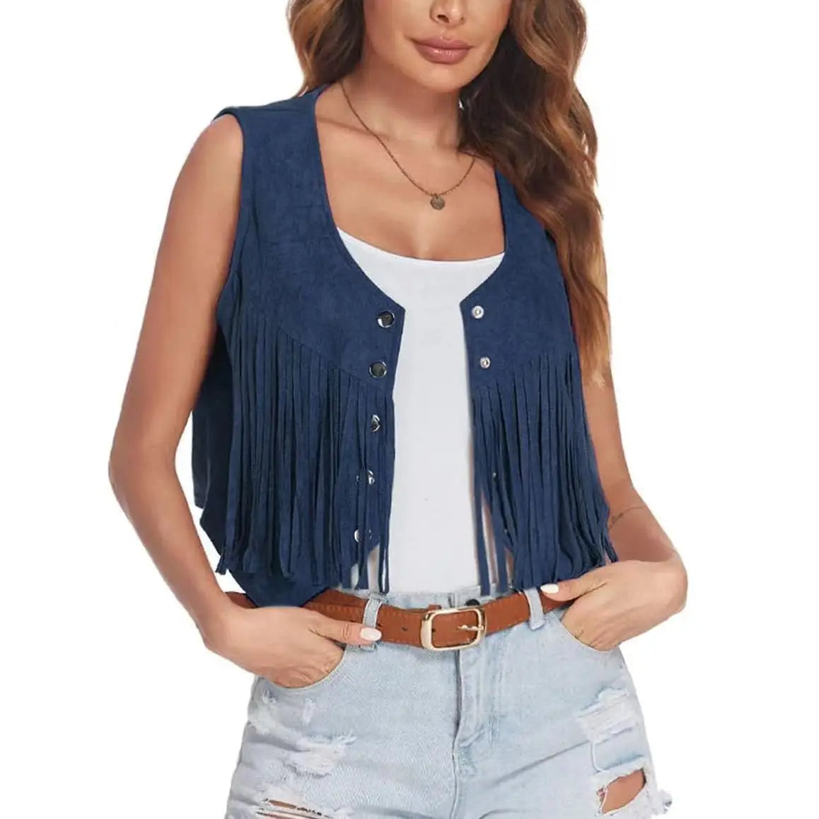 Women's tan faux suede cropped fringe vest with cascade fringe and snap-front western festival style