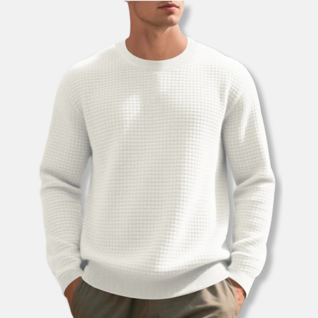 Men's grey cotton blend crew neck sweatshirt loose fit with waffle knit texture