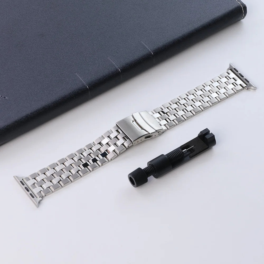 Stainless steel Apple Watch band brushed polished multi-link design butterfly clasp everyday wear