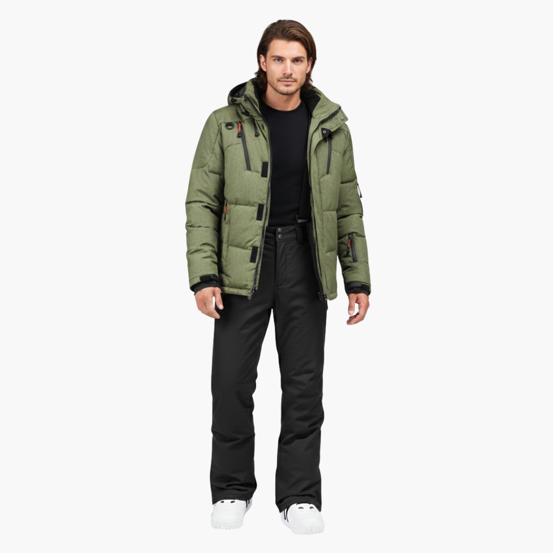 Men's matching navy ski jacket and pants set with hooded front zip, elastic waist, and pockets