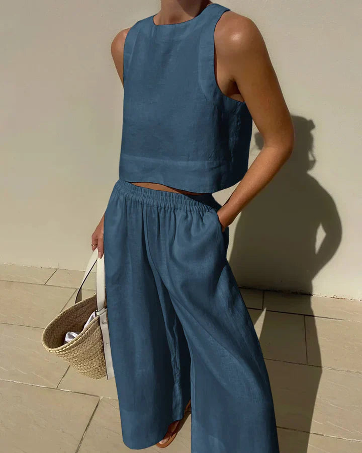 White linen minimalist matching set airy silhouette breathable fabric for effortless warm-weather style