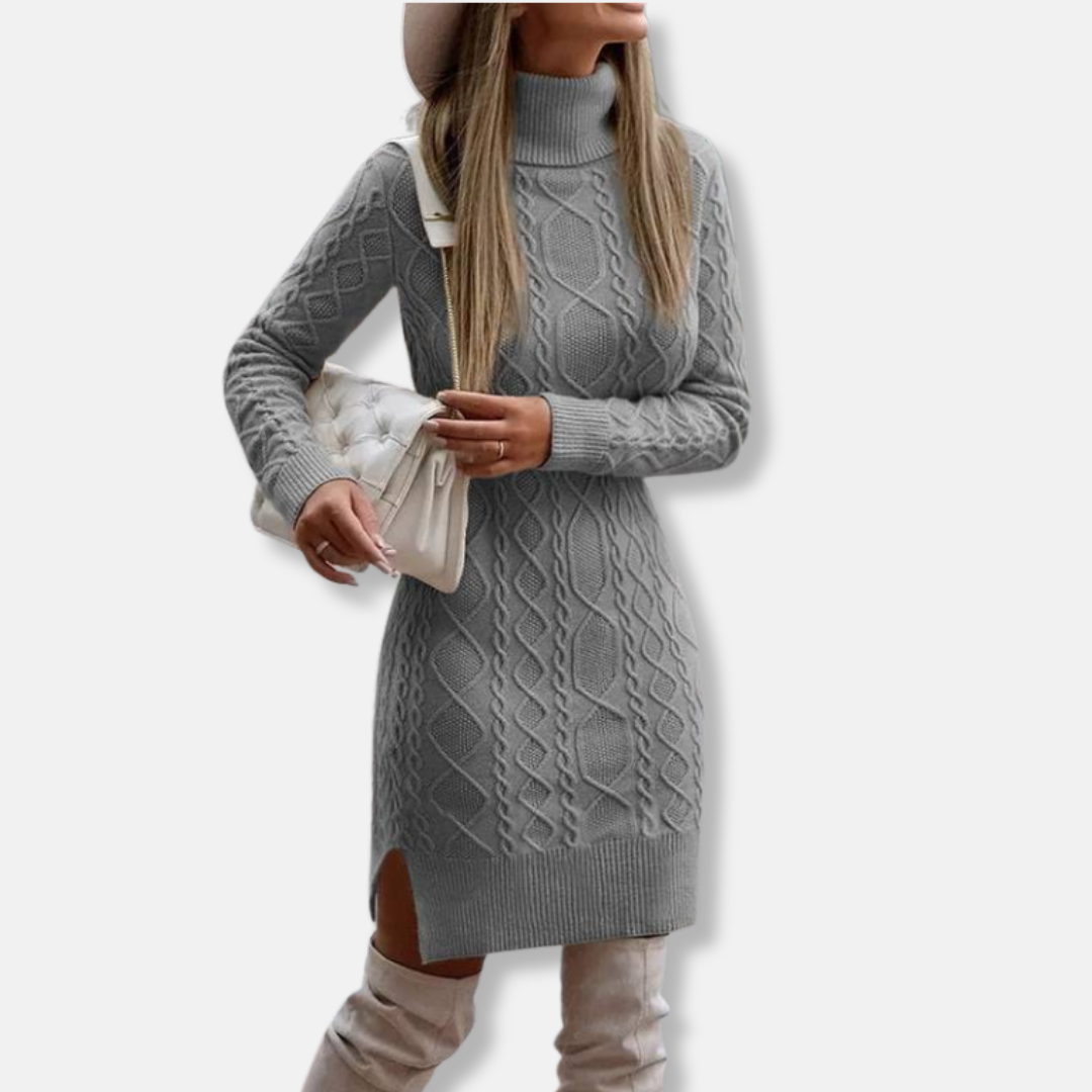 Women's wool blend knit mini dress, slim turtleneck silhouette with long sleeves and side slit
