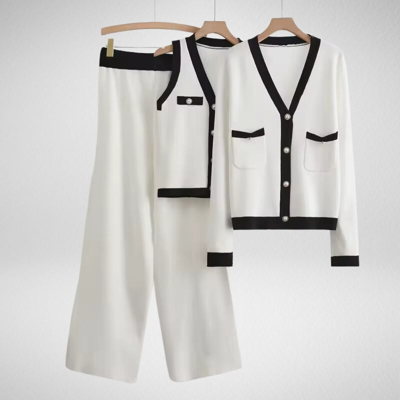 Women's 3-piece cotton-blend set with pearl button accents and bold contrast trims, relaxed fit