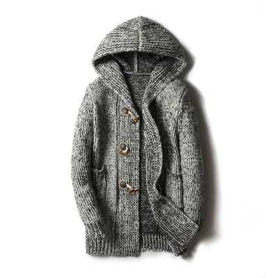 Chunky wool blend hooded cardigan with oversized hood, toggle closure, and vintage-inspired outdoor style