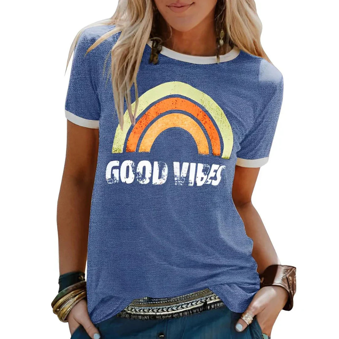Unisex casual graphic tee with positive vibes print, relaxed fit, soft comfortable fabric for everyday wear