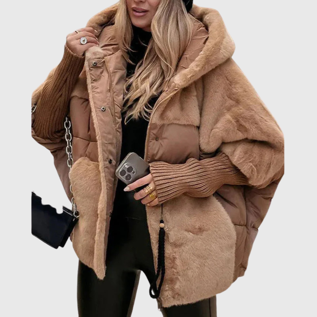 Women's oversized faux fur puffer jacket with hood, quilted panels and ribbed sleeves cozy winter style