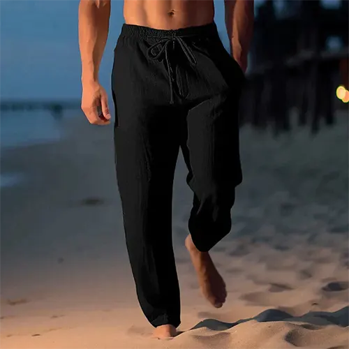 Men's lightweight linen straight-leg pants mid-rise breathable blend for travel and city wear