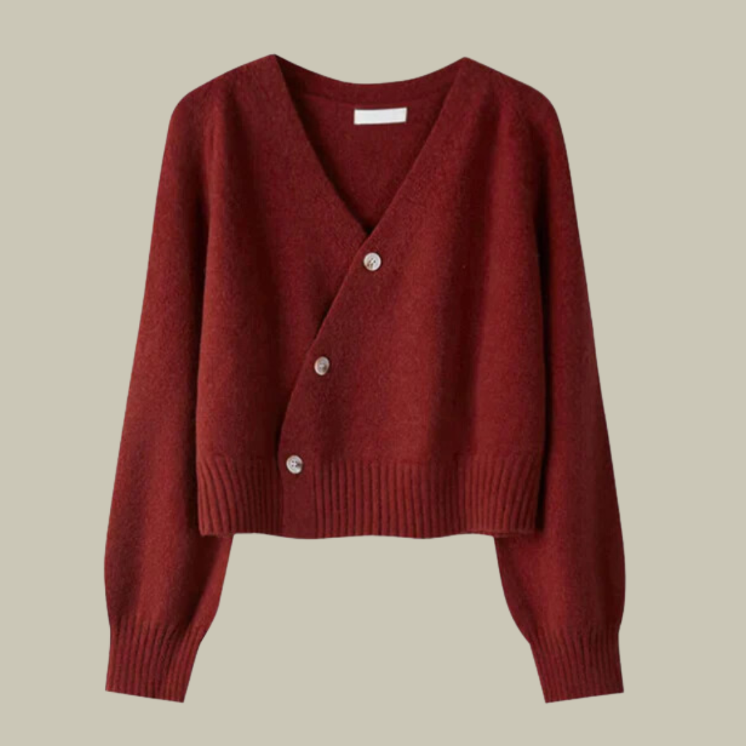Women's Clara merino wool knit sweater, cozy minimalist V-neck long sleeve style in neutral tone