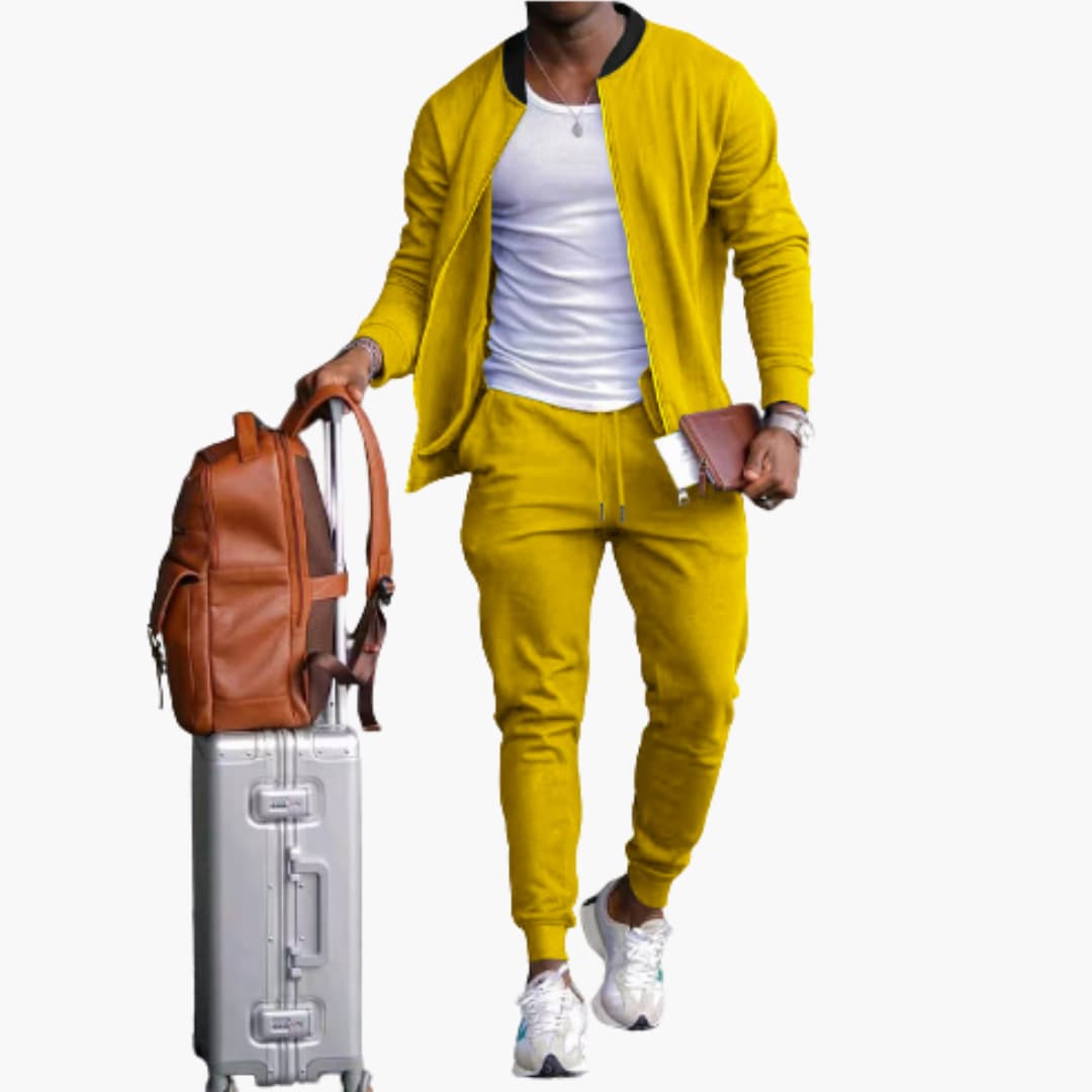 Men's gray textured zip jacket and tapered pants athleisure set with front zipper closure