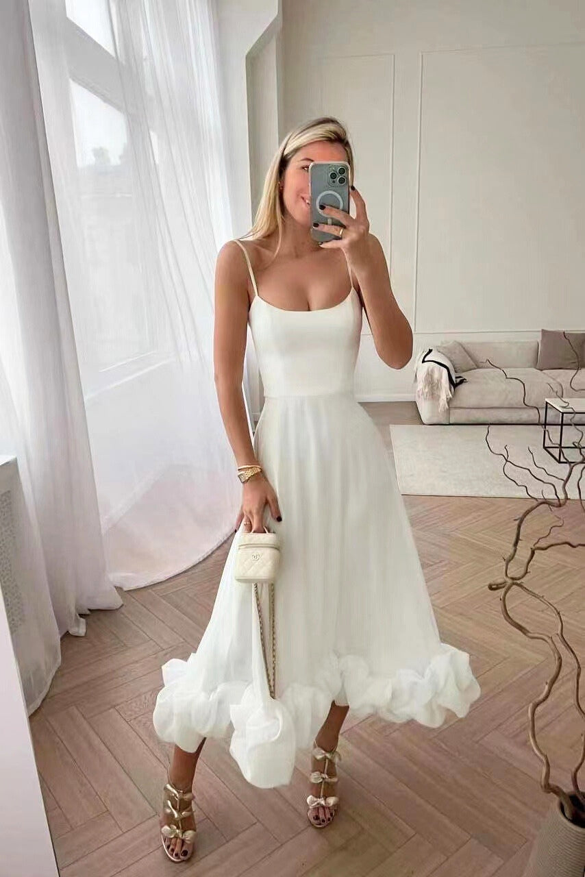 Women's spaghetti strap midi dress elegant fitted bodice flowing skirt with ruffled hem eveningwear