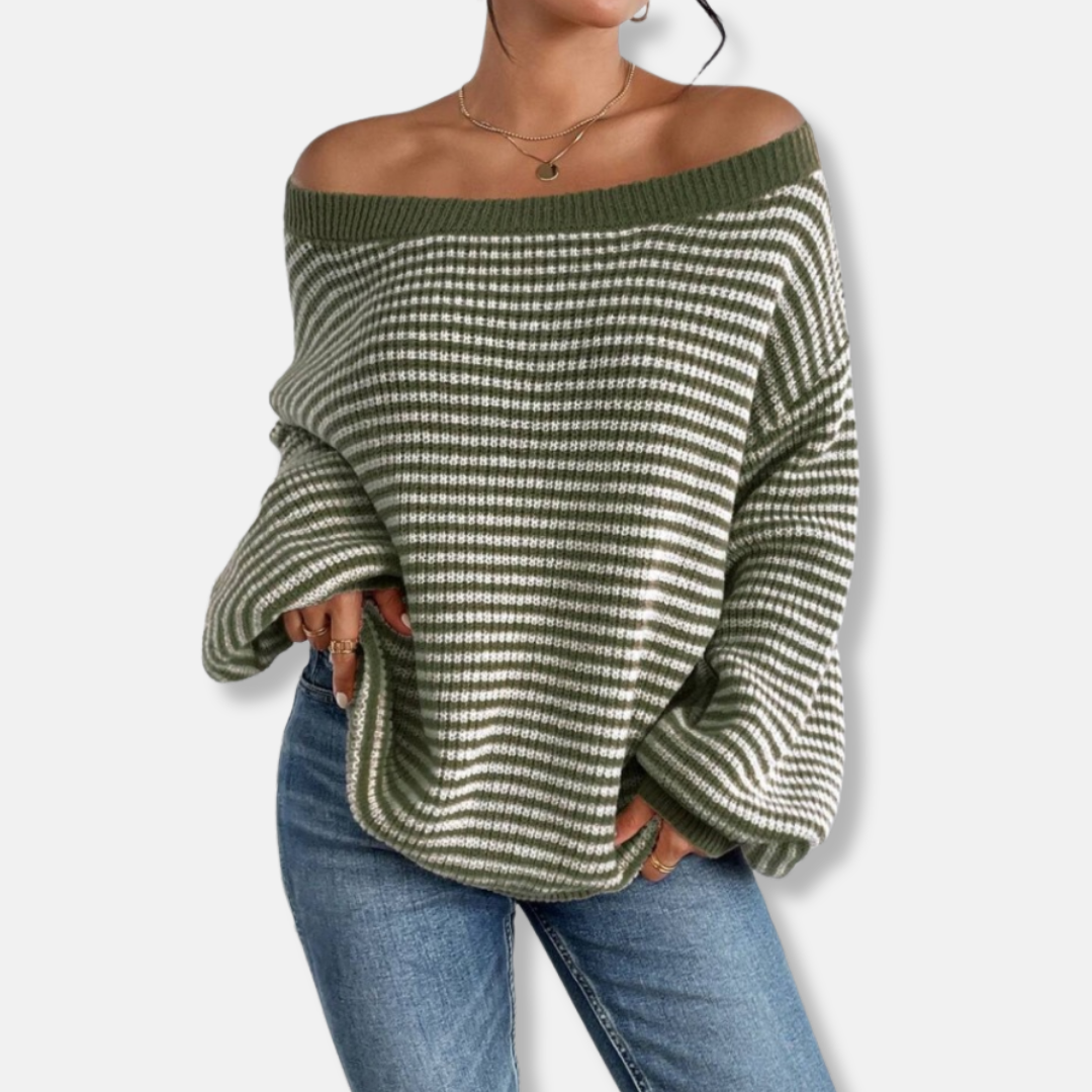 Women's chic knitted sweater boat neck lantern sleeves loose relaxed fit fall essential