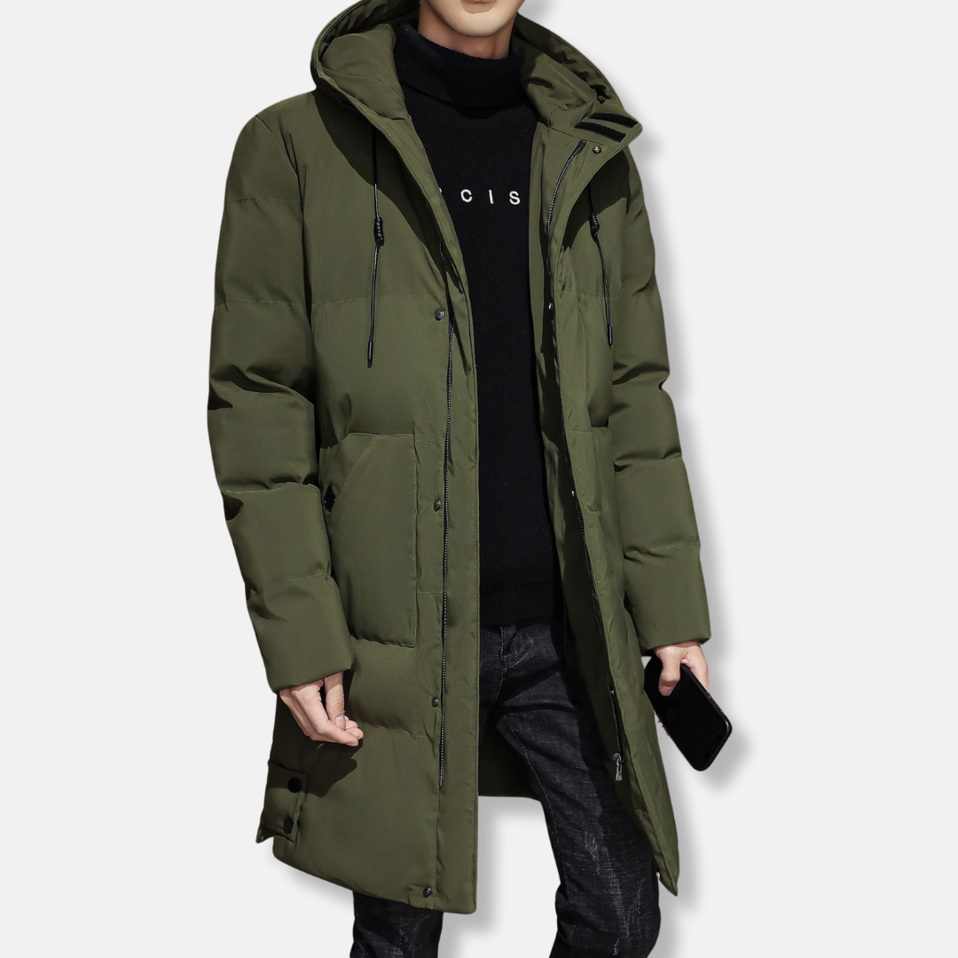 Men's woven padded hooded mid-thigh coat relaxed fit lightweight insulation urban winter style
