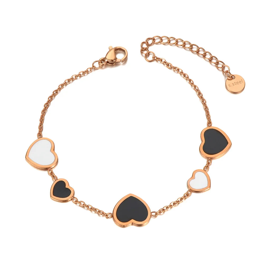 Amore adjustable stainless steel bracelet gold-plated black white enamel hearts stackable women