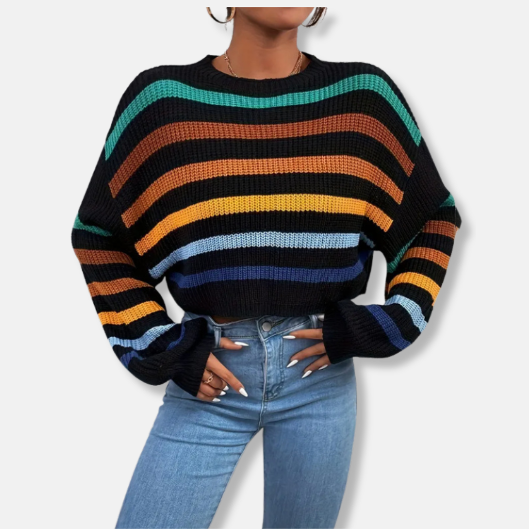 Women's oversized crew neck striped knit sweater with long sleeves, cozy casual Nordic-inspired style