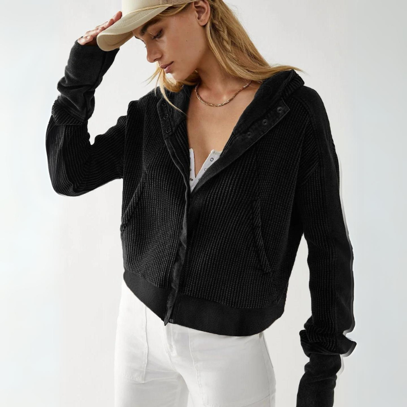 Women's cropped textured knit hoodie with hybrid button-zip closure for lightweight warmth