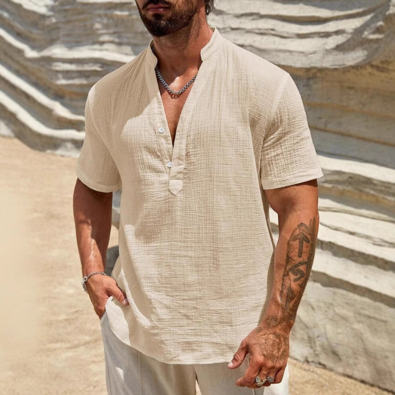 White lightweight cotton blend polo shirt minimalist cut with crinkled weave texture for casual summer