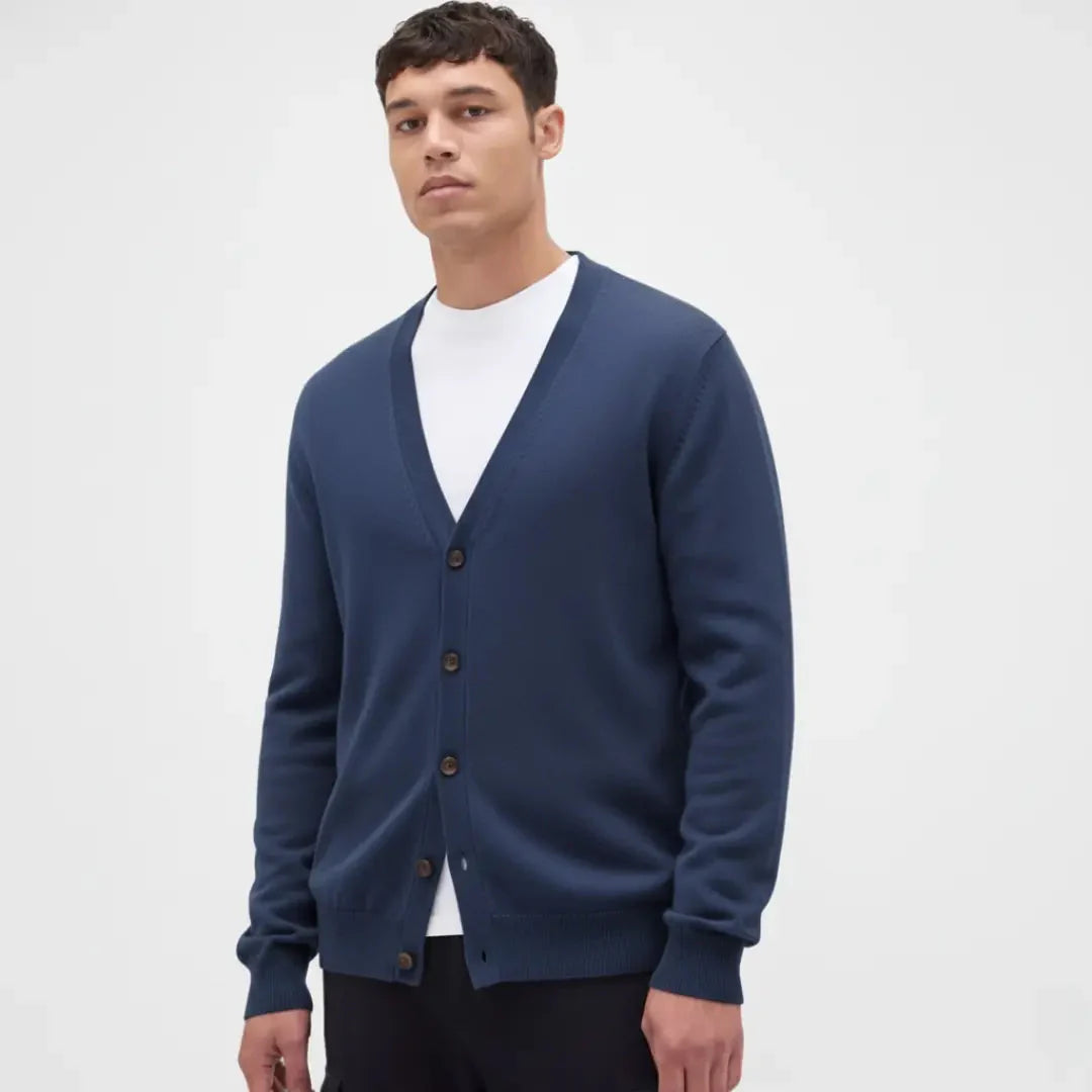 Luxurious soft cashmere V-neck button-up cardigan in neutral tone for modern professionals