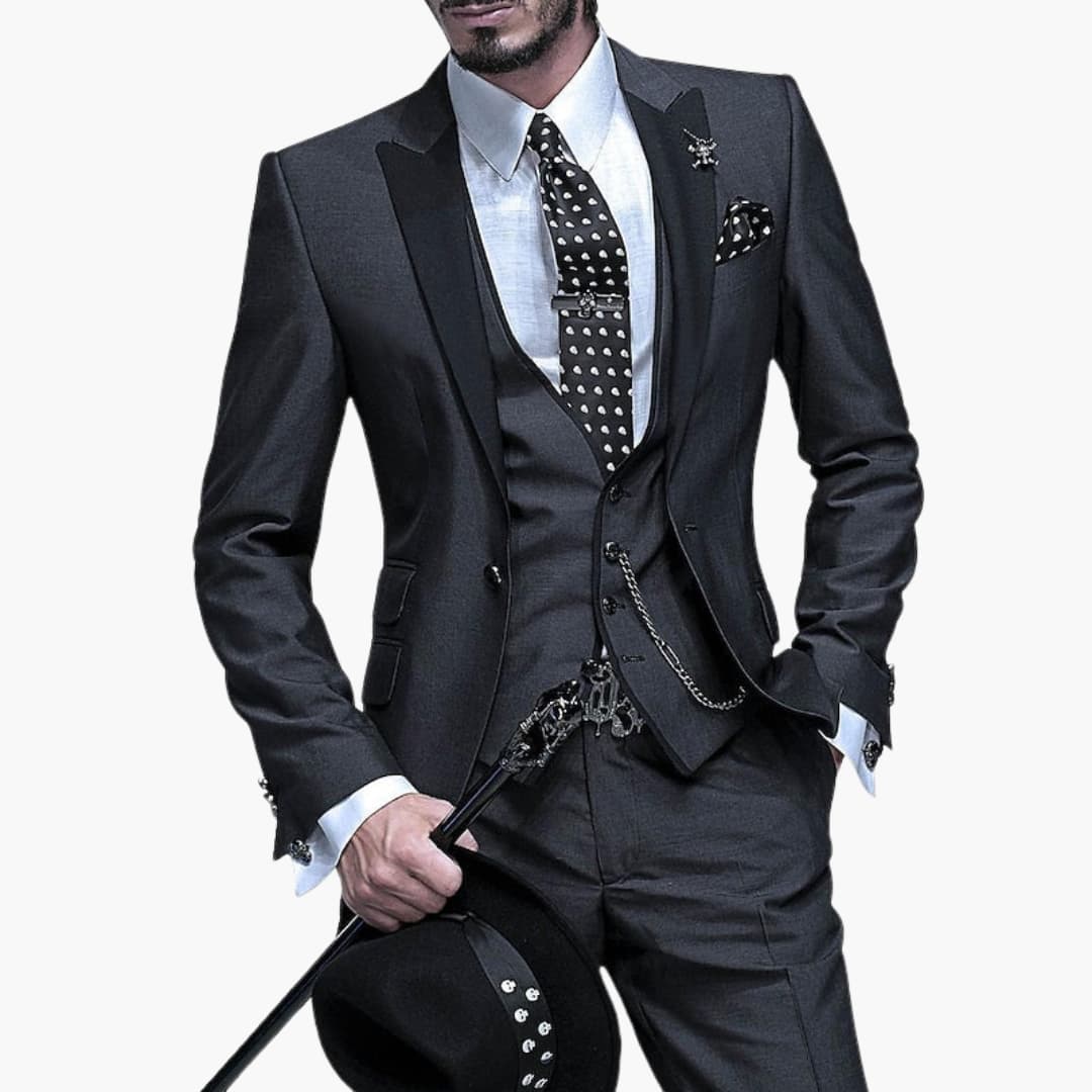 Men's dark three-piece suit set with notched lapels, waistcoat, and tailored trousers for formal occasions