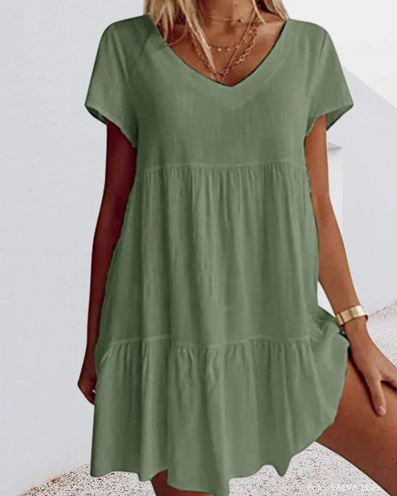 Women's casual cotton blend summer dress with short sleeves and feminine ruffle details, lightweight fit