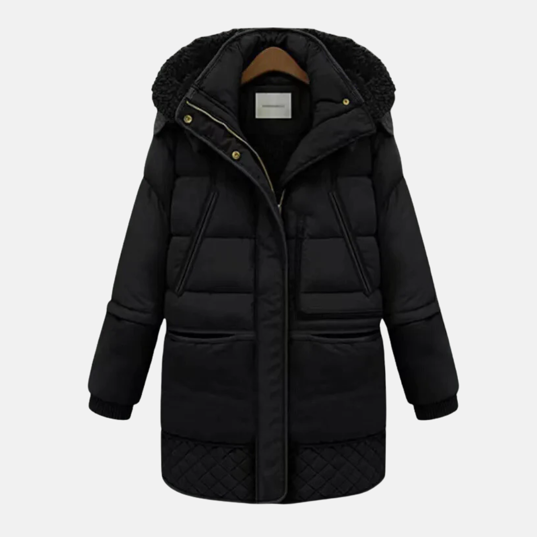 Women's oversized quilted winter coat relaxed fit with plush hood, padded warm urban style