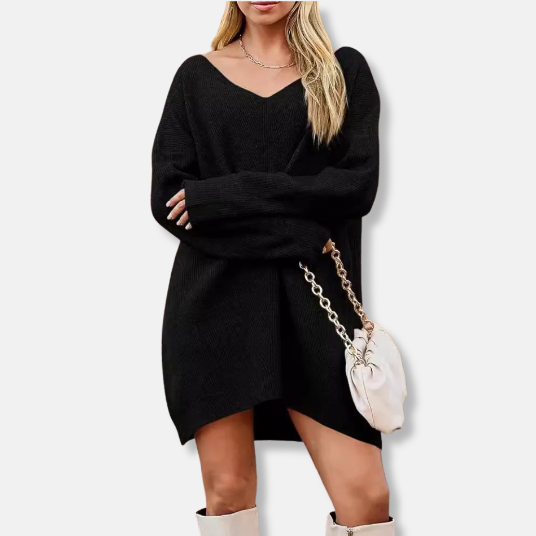 Women's ribbed knit V-neck mini dress long sleeve with subtle V-pattern bodice, polished everyday style
