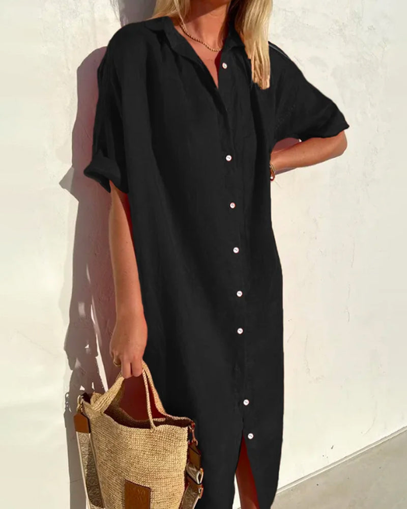 Women's loose fit cotton midi shirt dress with button-front detailing, breathable everyday casual style