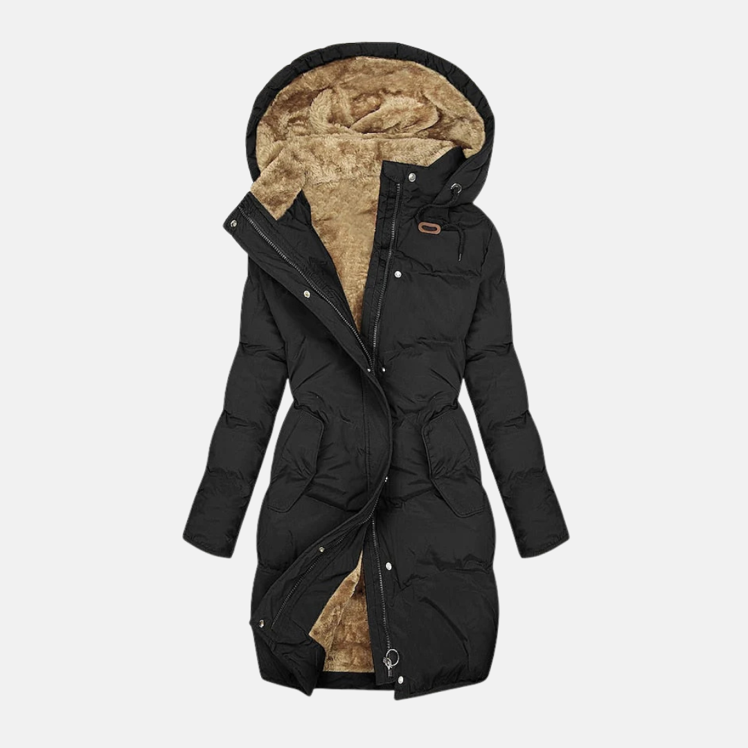 Women's long quilted puffer coat with plush-lined hood and adjustable waist in winter-ready style