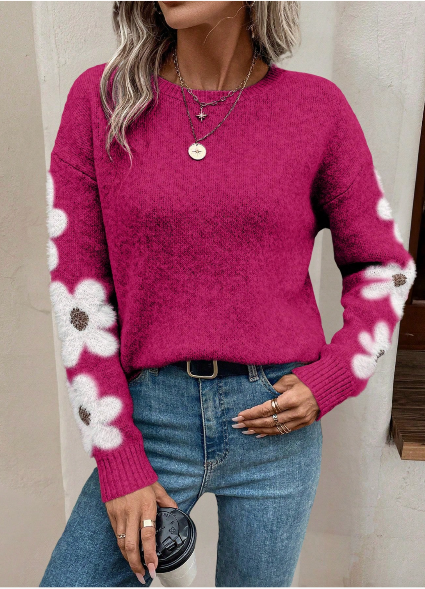 Women's relaxed fit brushed knit sweater with bold daisy floral sleeve appliqués, ultra-soft cotton blend