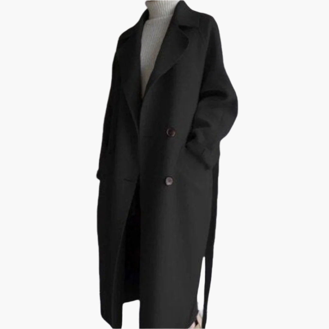 Women's classic lapel front winter coat tailored silhouette timeless warmth structured fit