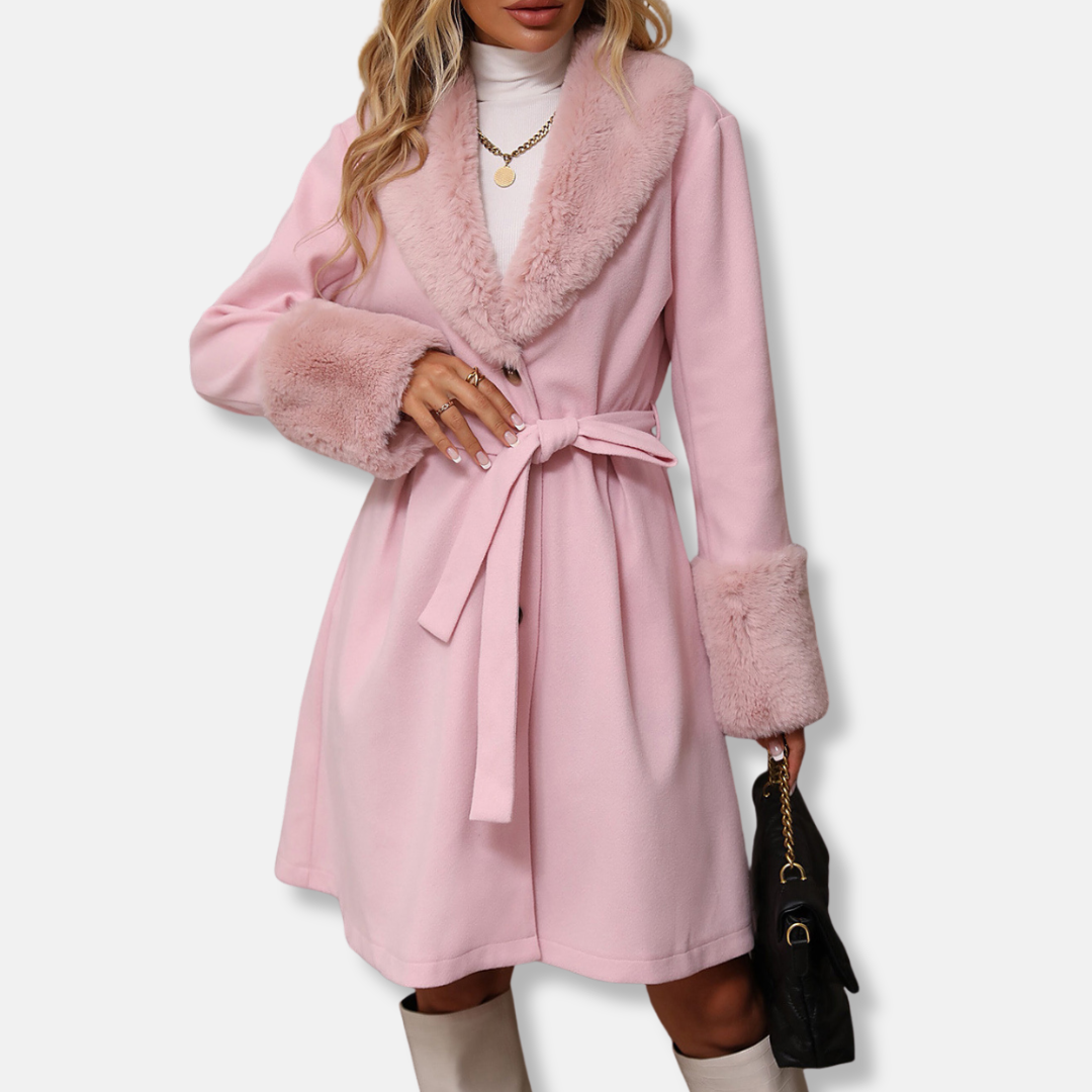 Women's tailored belted trench coat with faux fur collar and cuffs, mid-length, polished urban style