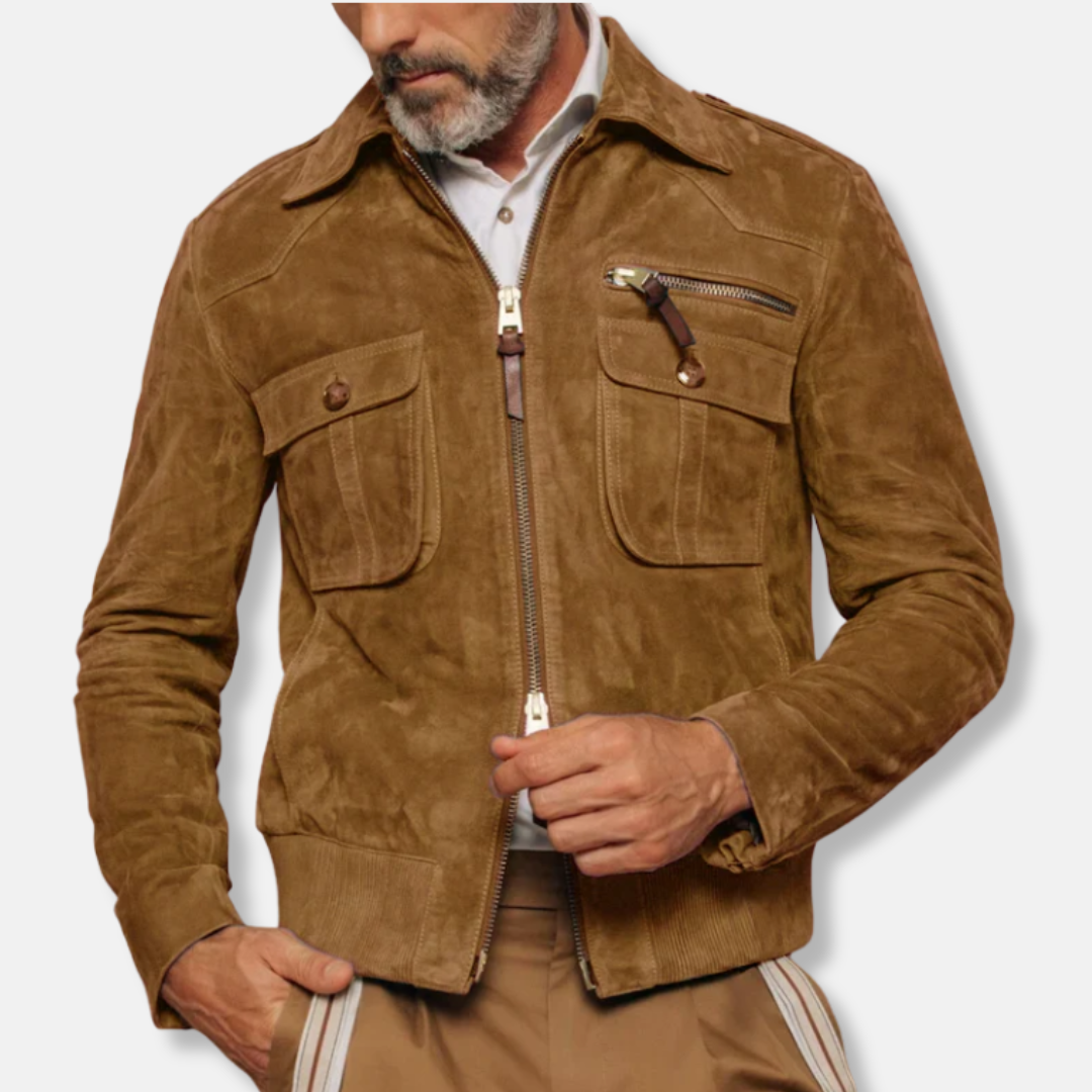 Men's slim fit suede texture bomber jacket by Urbann-Vibe with two-way zipper chest pockets