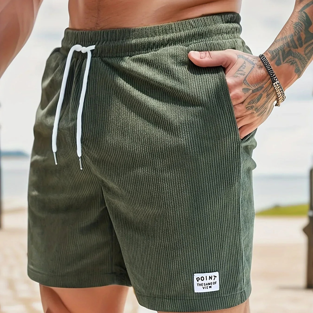 Men's beige corduroy drawstring shorts relaxed fit textured fabric casual beach style