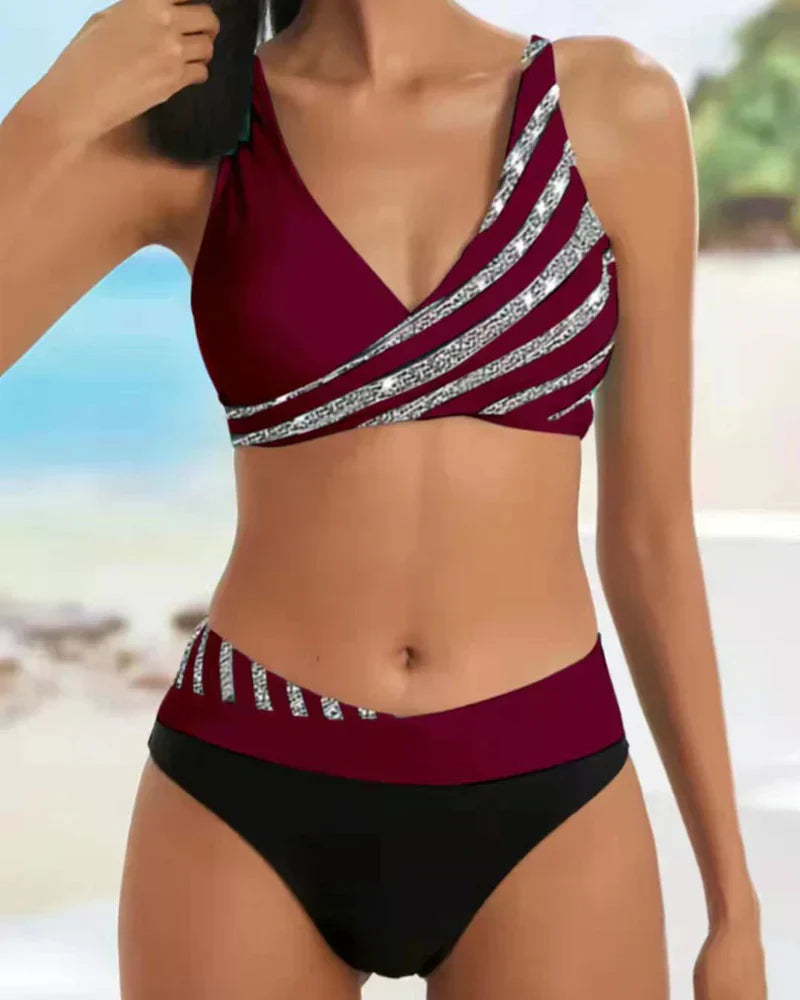 Women's stripe print bikini set wrap top high waist nylon blend flattering silhouette beachwear