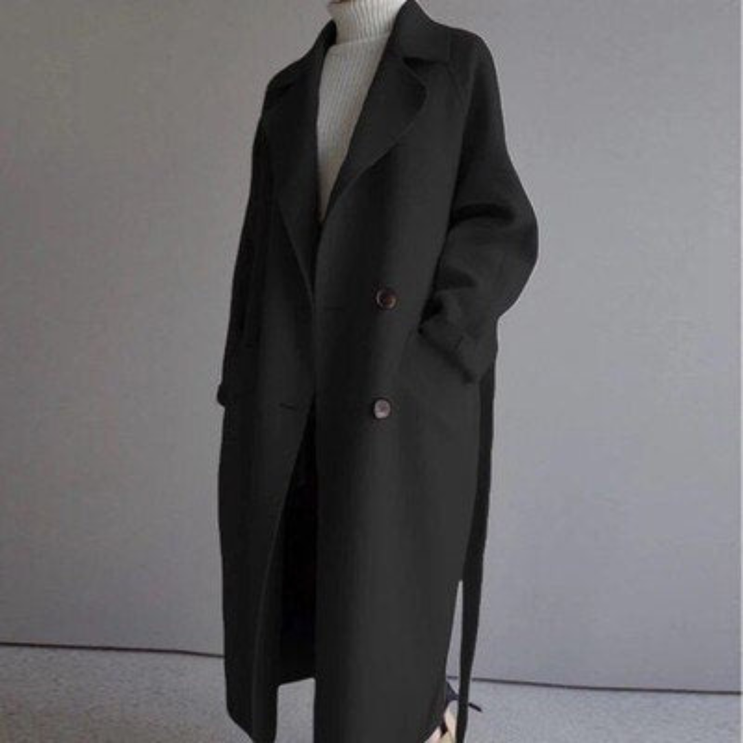 Beige long trench coat relaxed silhouette with double button front closure and clean minimal drape