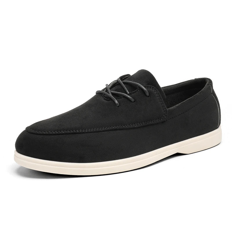 Men's brown brushed suede lace-up loafer with hand-stitched detailing and hidden stretch panel