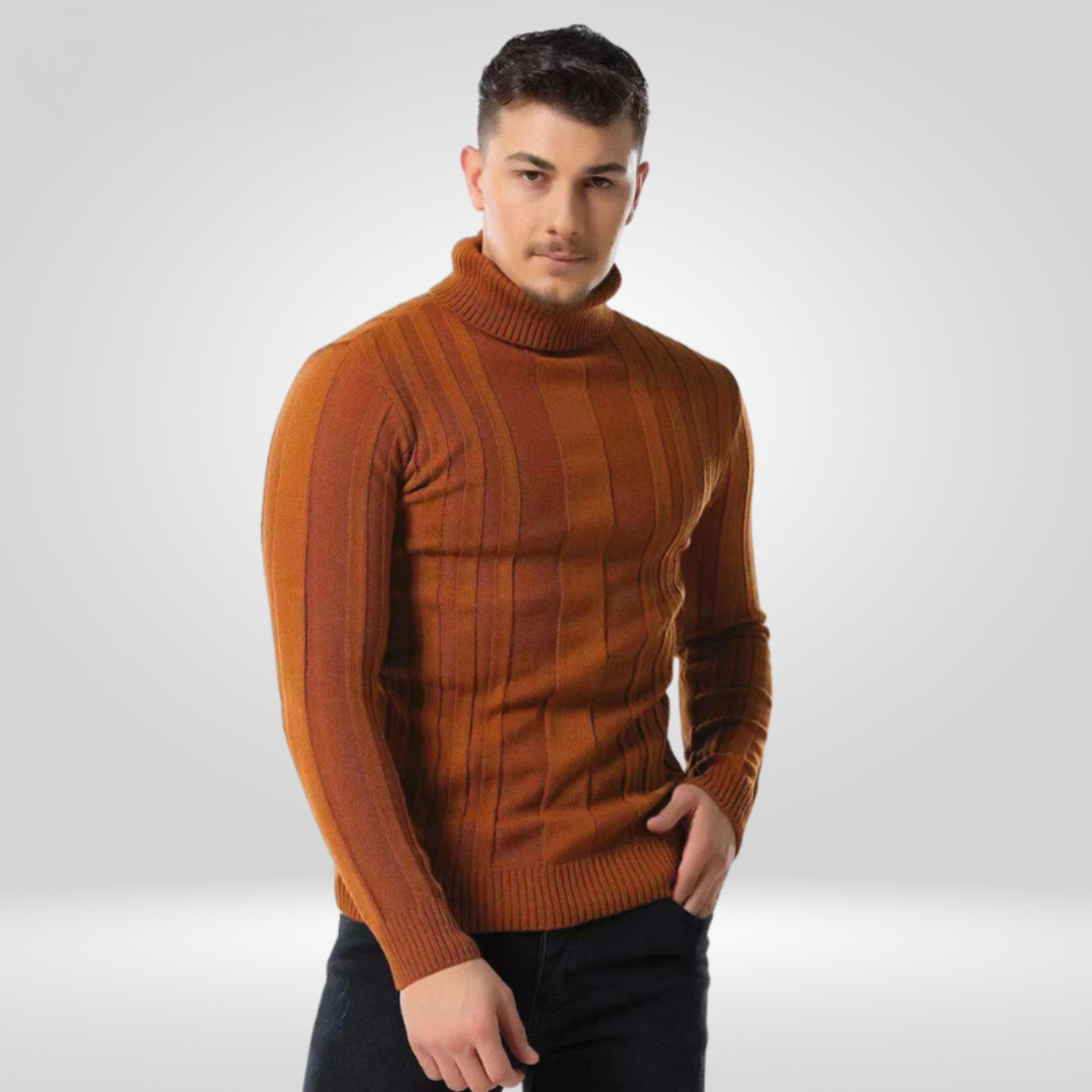 Men's ribbed turtleneck sweater slim structured silhouette versatile smart layering cool-weather knit