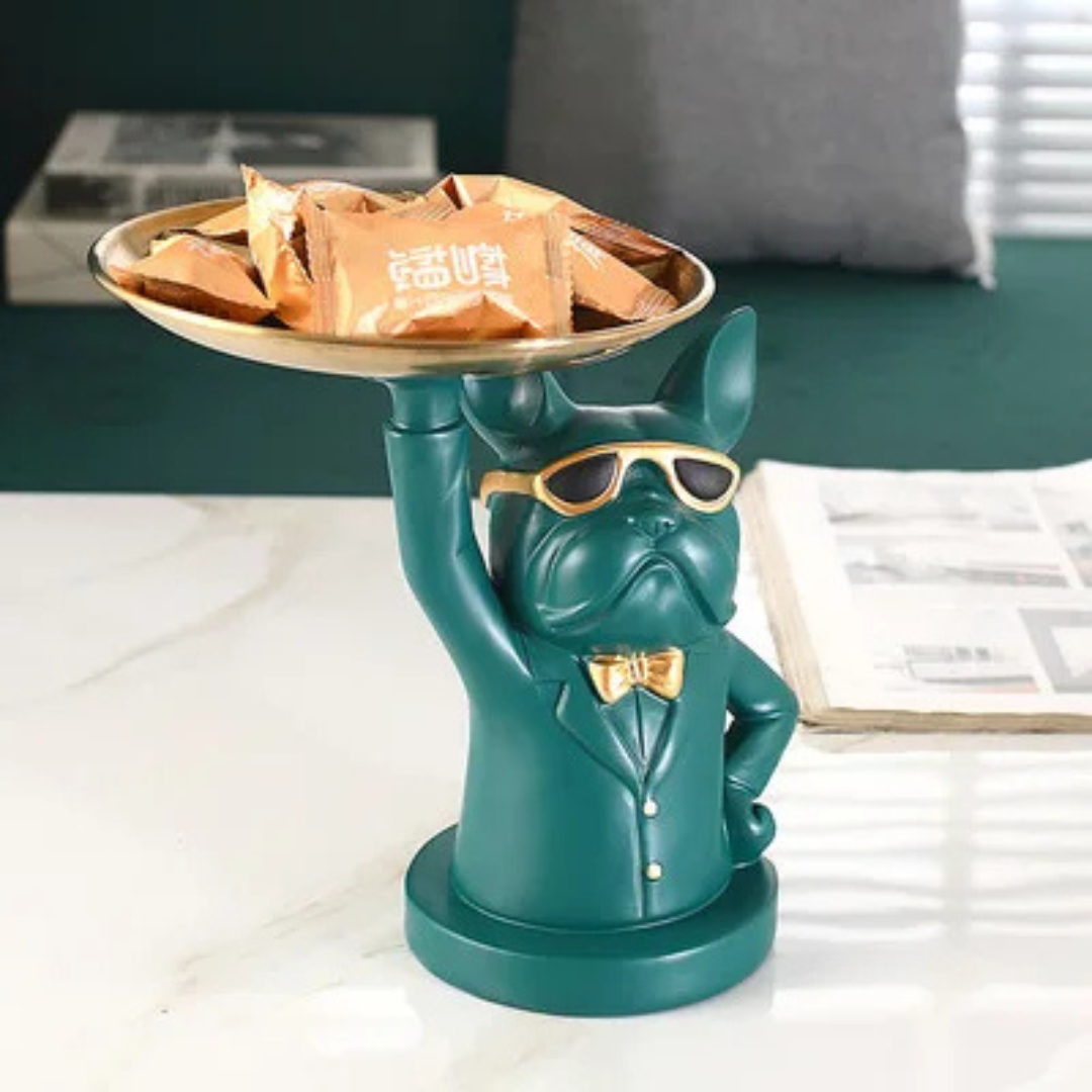 White bulldog figurine tray with gold bow tie, luxury resin desk organizer for dog lovers