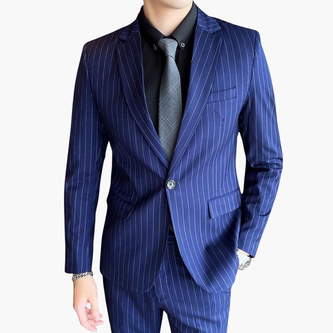 Men's slim fit navy pinstripe suit single-breasted blazer with notch lapels lightweight fabric