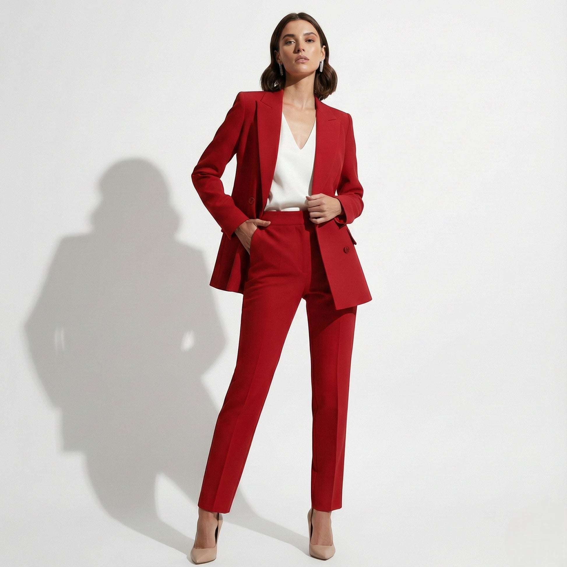 Women's tailored blazer and slim trouser two-piece set in premium soft fabric for versatile work outfits