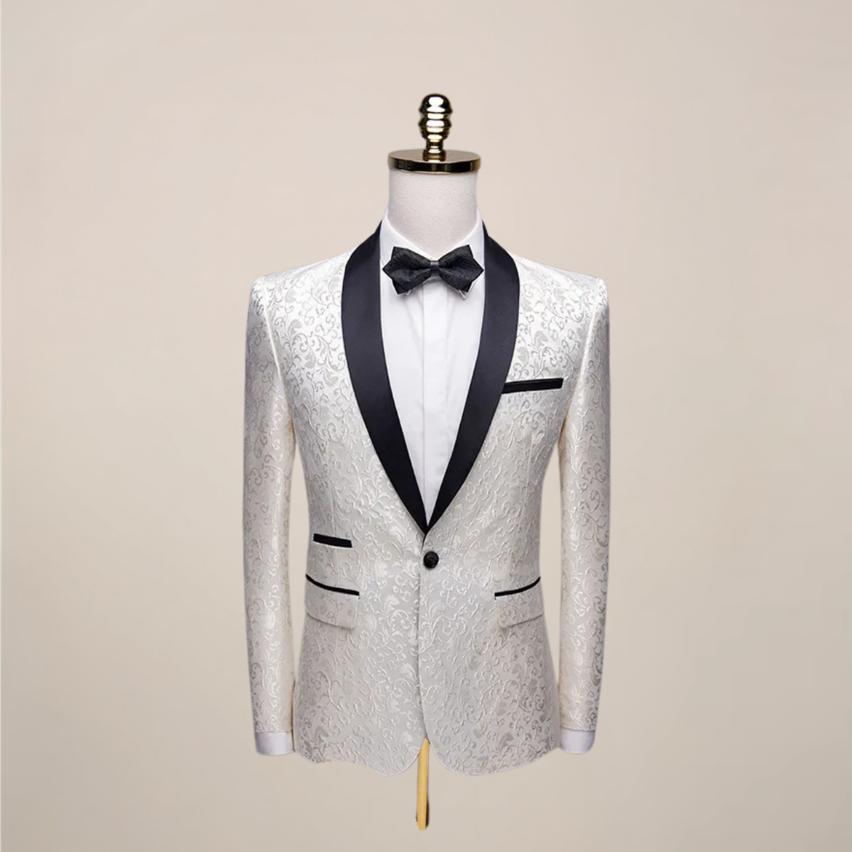 Black men's embroidered tuxedo blazer with baroque pattern and lustrous satin lapels
