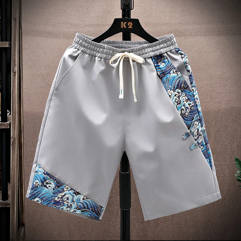 Men's ocean wave print panel shorts, quick-dry elastic waistband, Japanese-inspired lightweight beach-to-street style