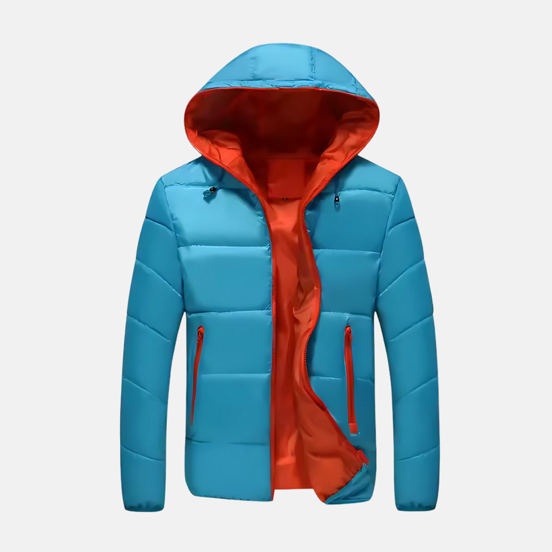 Men's black hooded quilted puffer jacket hip-length relaxed fit insulated winter coat