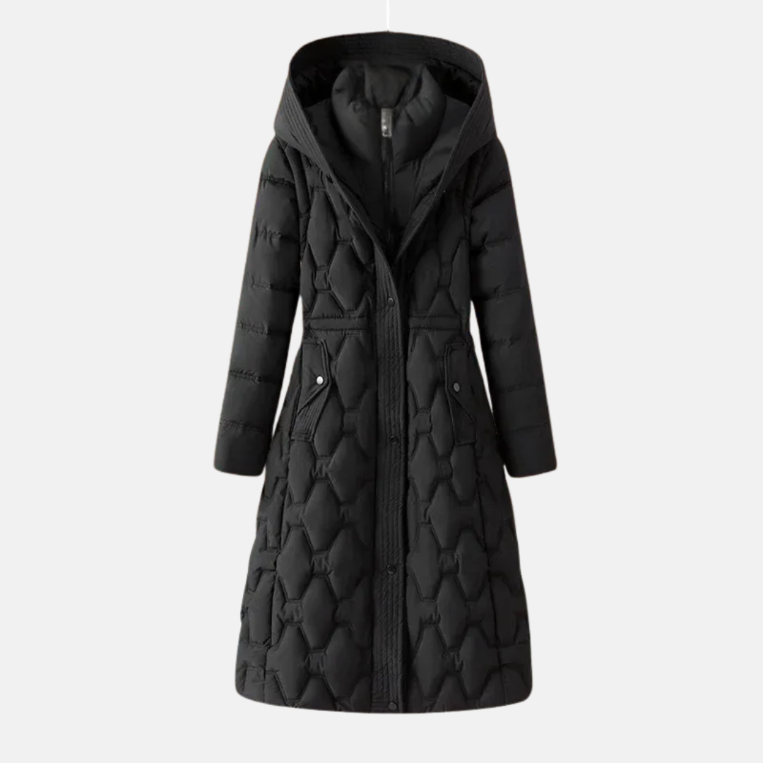 Women's long quilted jacket fitted waist hood padded insulation city winter coat