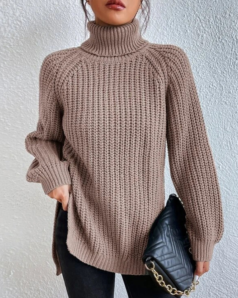 Beatrice women's ribbed turtleneck sweater in winter hues, cozy knit texture for sophisticated everyday style