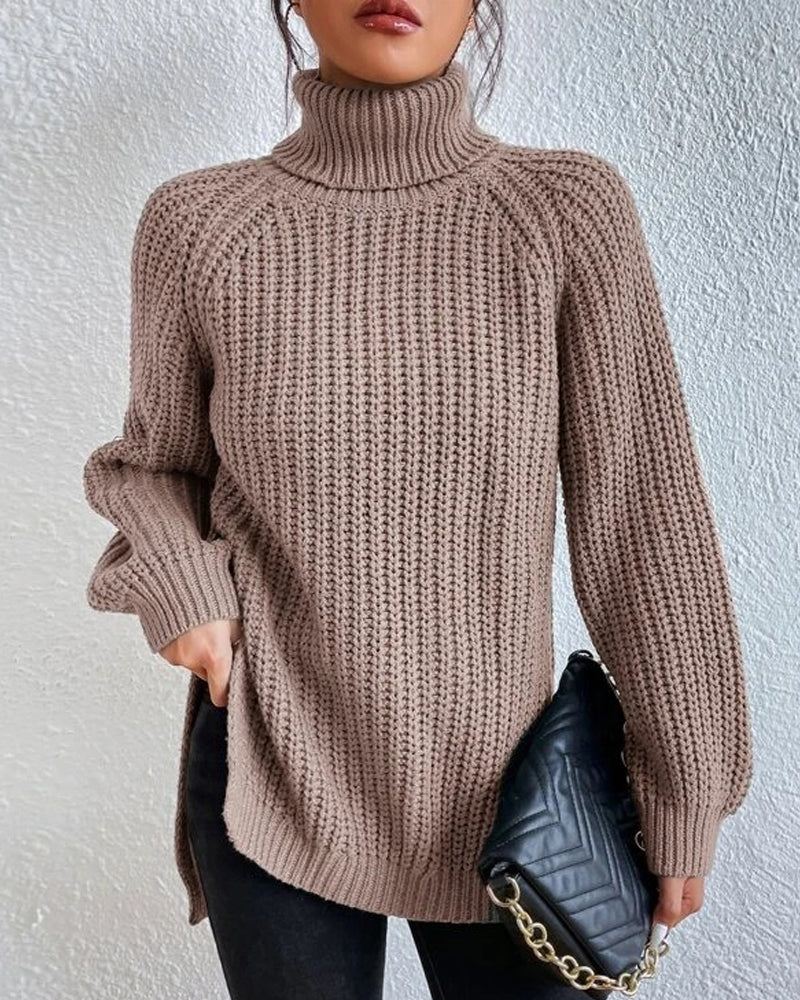 Beatrice women's ribbed turtleneck sweater in winter hues, cozy knit texture for sophisticated everyday style