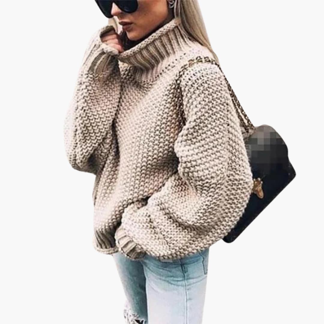 Women's textured knit turtleneck pullover straight silhouette long sleeves ribbed cuffs cozy sweater