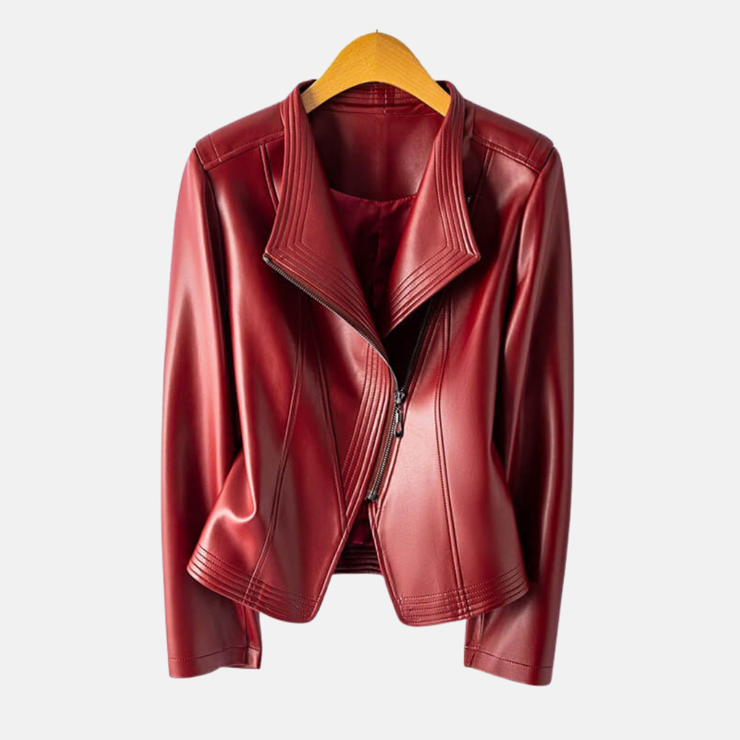 Women's black cropped faux leather jacket tailored fit stand collar asymmetrical zipper closure